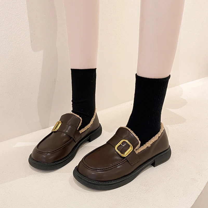 

Casual Woman Shoe Low Heels Slip-on Autumn British Style All-Match Oxfords Round Toe Loafers With Fur Shallow Mouth Slip On Fall