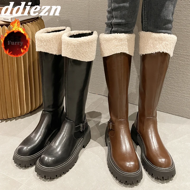 

Fashion Plush Knee High Boots For Woman Winter New 2023 Ladies Modern Fur Boots Heel Shoes Buckle Female Casual Outdoor Booties