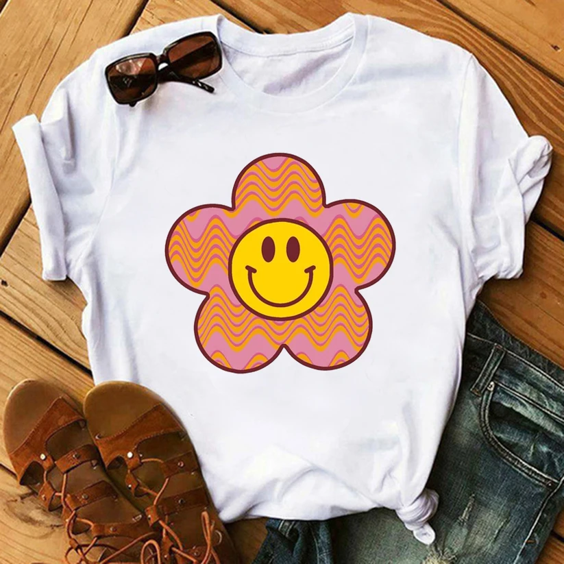

Smiley Print Oversized T-shirts for Women Harajuku Summer Short Sleeve Tshirt Sun Moon Printed T Shirt Women's Retro 90s Tops