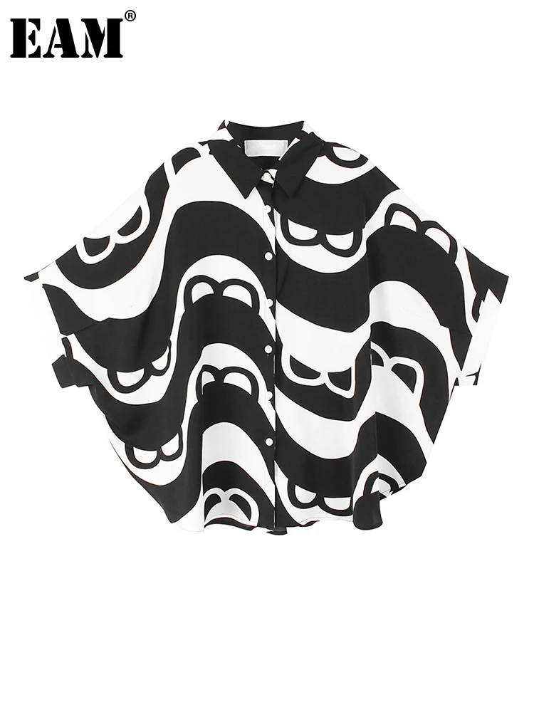 

[EAM] Women Black Pattern Printed Blouse New Lapel Three-quarter Sleeve Shirt Fashion Tide Spring Autumn 2022 1DE9772 1DE9772