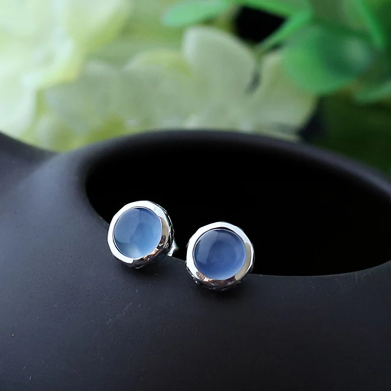 

925 sterling silver jewelry Blue Chalcedony retro High quality female jewelry natural semi precious stones 0.9cm round earrings
