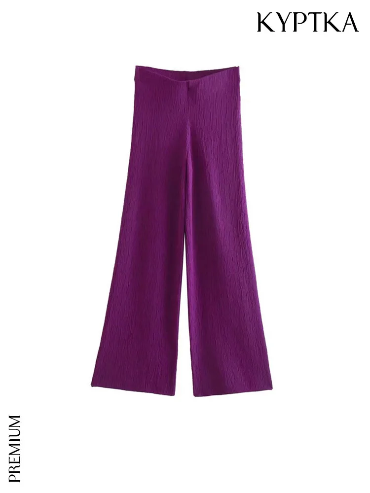 

KYPTKA Women Fashion Textured Straight Knit Pants Vintage High Waist With Elastic Waistband Female Ankle Trousers Mujer