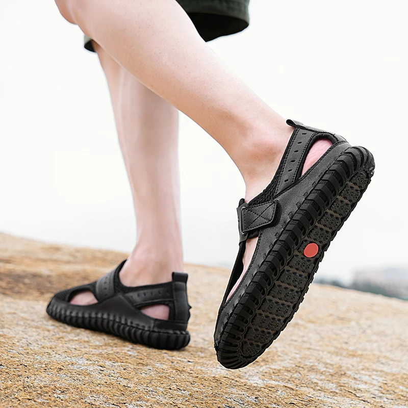 Сандалии мужские из натуральной кожи повседневная Уличная обувь пляжные туфли