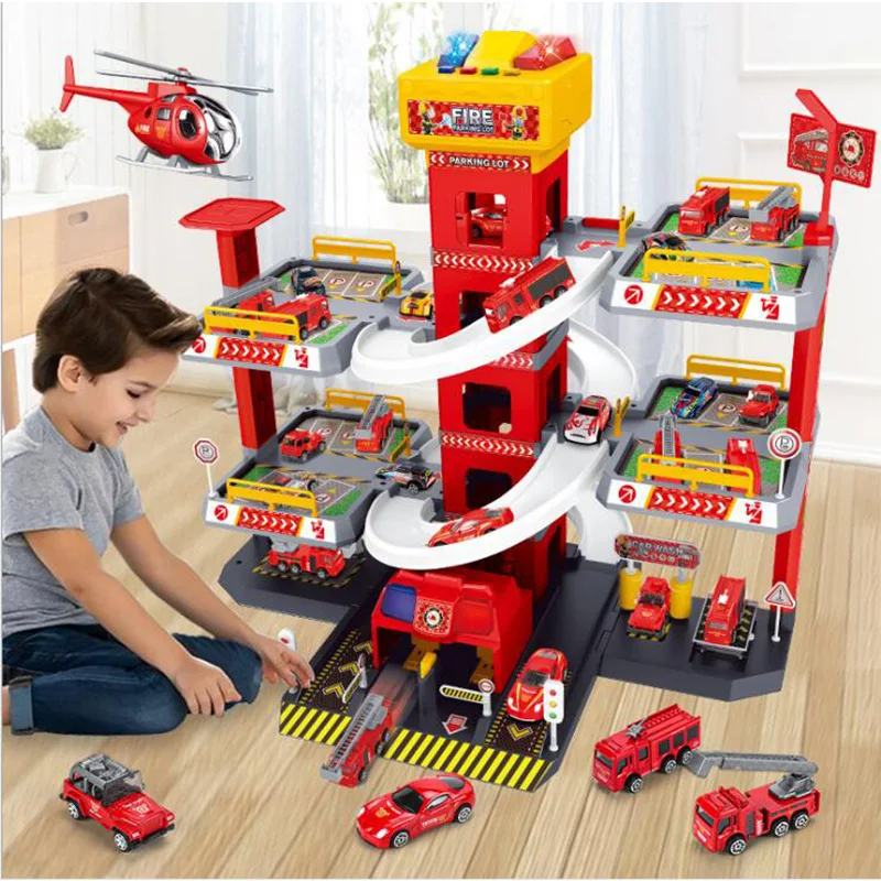 

Children's Electric Track Parking Lot BoyDIYAssembling Multi-Layer Rail Car Police Car Fire Truck Parking Toy