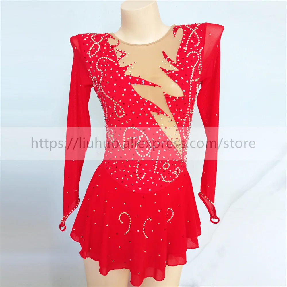 

LIUHUO Women Aldult Teen Girl Customize Costume Performance Competition Leotard Ice Figure Skating Dress Dance Roller Red Modern