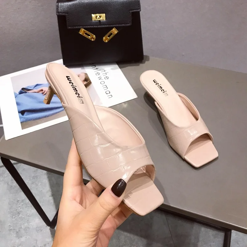 

Women Slippers 2022 New Square Toe Flip Flops Shoes Thin High Heels Shoes Female Casual Slides Ladies Sandals Pumps
