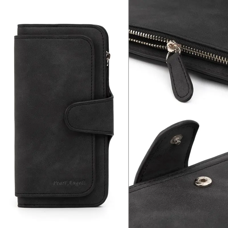 RFID Wallets Women's Fashion PU Leather Trifold Clutch Long Ladies（black)