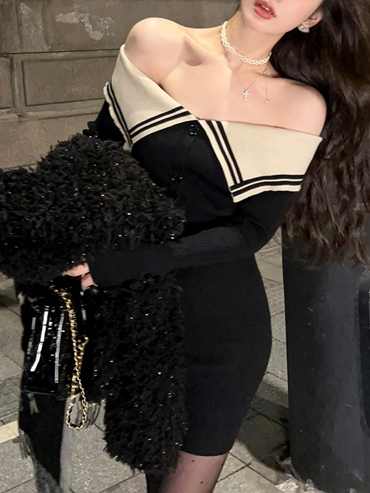 

Winter Sexy Sweater Dress Women Korean Fashion Elegant Slim Knitted Dress Female Off Shoulder Chic Evening Party Mini Dress 2023
