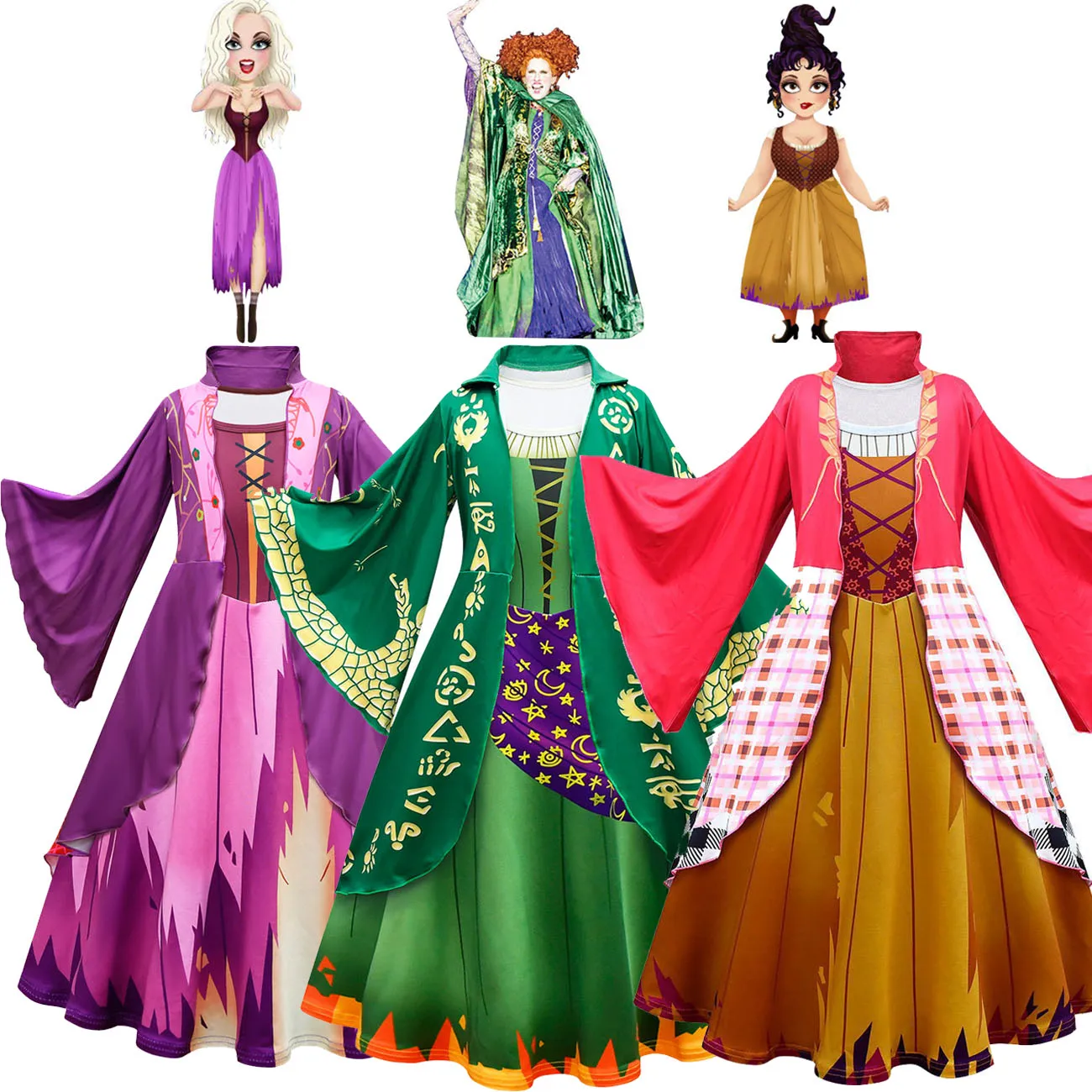 

2022 Kids Halloween Costume For Girls hocus pocus 2 witch Cosplay Costumes With cloak Children's Carnival Party Dress+Bag set