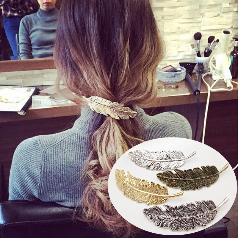 

1pc Pony Tail Hair Best Selling Jewelry Retro Exaggerated Metal Feather Hairpin Tree Leaf Clip Spring Ponytail Clip Card