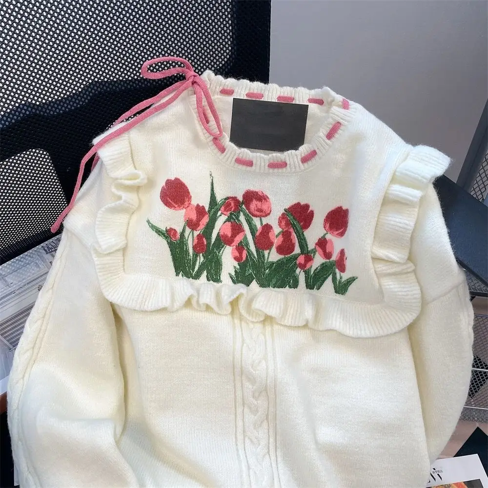 Женский кружевной свитер с длинным рукавом свободный ощущение деревянных ушей