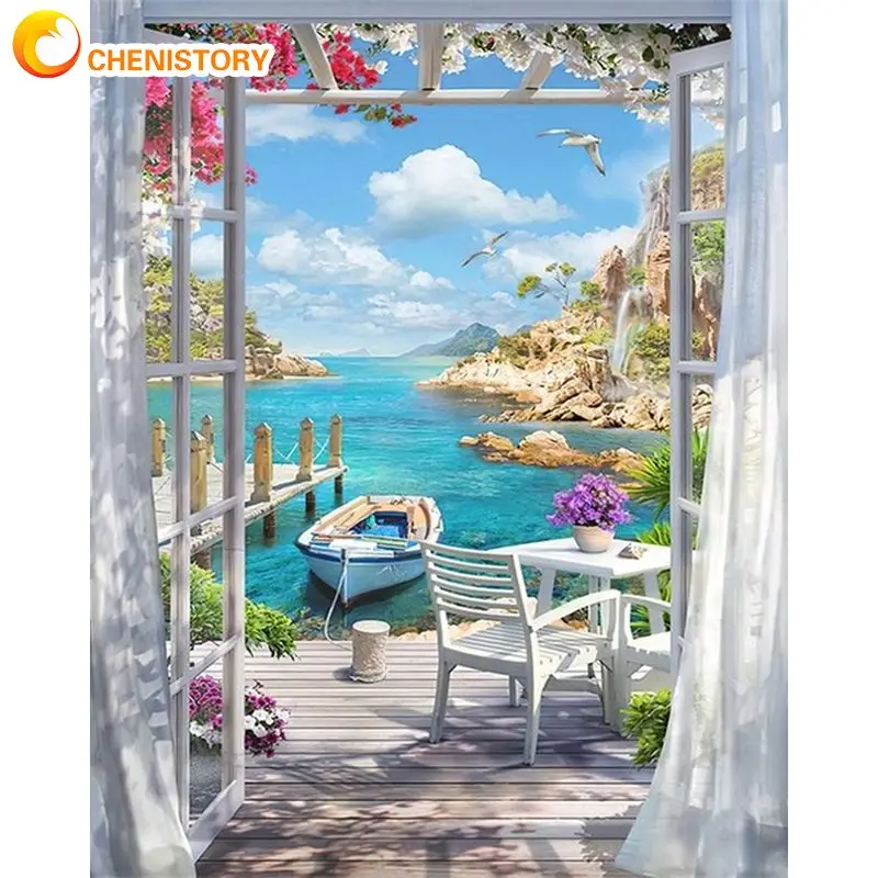 

CHENISTORY 5d Square Diamond Painting Door Landscape Kit Full Drill Diamond Mosaic River Boat Needlework Home Supplies Decor