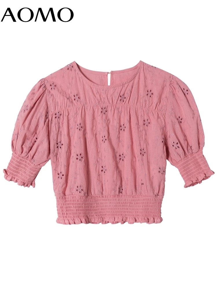 

AOMO Women Pink Emboridery Cotton Crop Shirt Summer Blouse Short Sleeve Chic Female Tops 6H73A