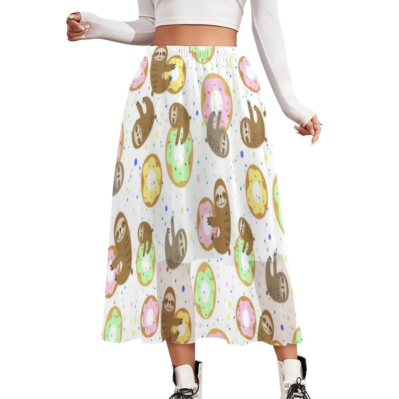 

Sprinkle Doughnut Print Skirt Cute Sloth Pattern Vintage Boho Skirts Summer Y2K Casual Skirt Chiffon Graphic Oversized Clothing