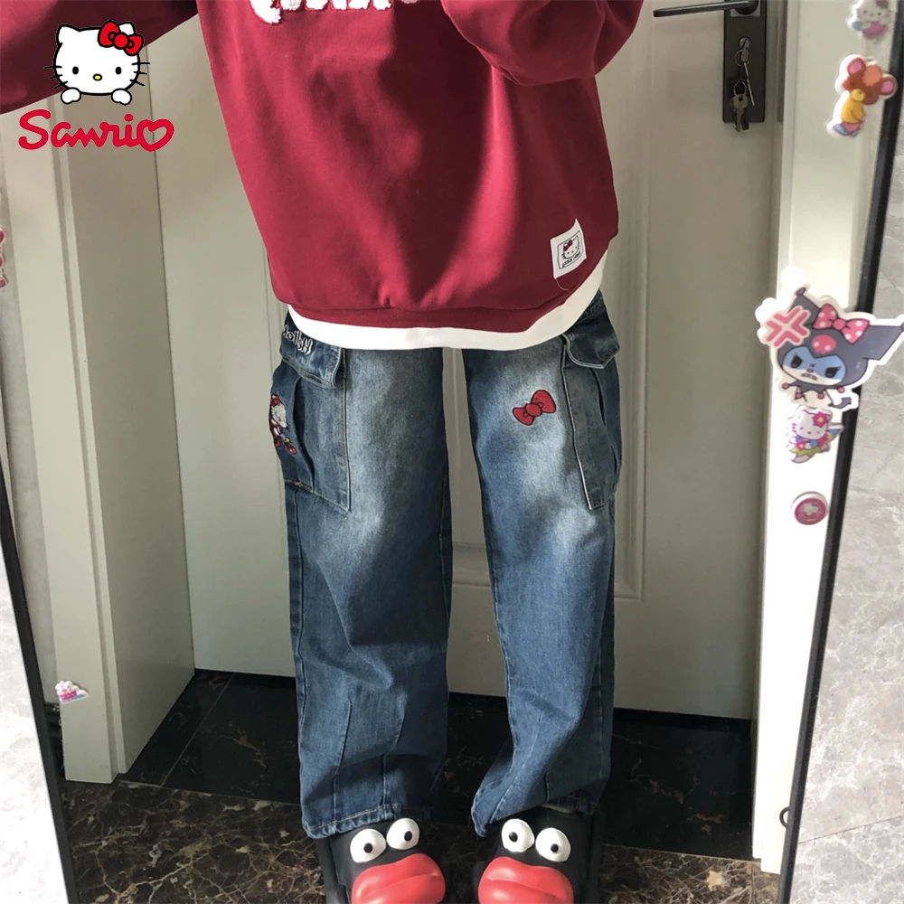 

Женская джинсовая одежда Sanrio, Hello Kitty Y2k, модные джинсы с широкими штанинами, уличная одежда, винтажные брюки, женские прямые джинсы с аниме