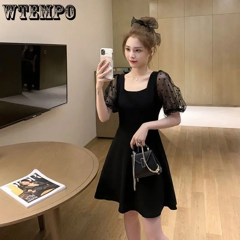 

WTEMPO Chiffon Dress Hepburn Style Waist Closing Mini Skirt Retro Streetwear Versatile Casual Dress 2023 Summer Ladies Clothes