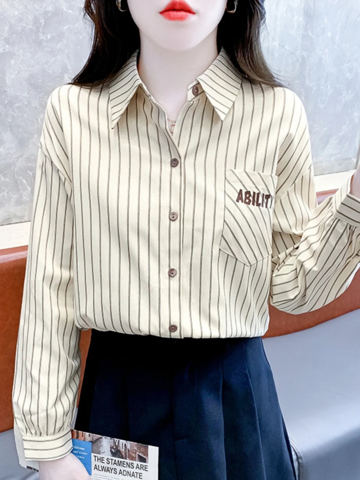 Long sleeve Shirts Women Early Autumn New Fashion Age-Reducing Stripe Embroidered Professional Shirt Versatile Slimming Weste...