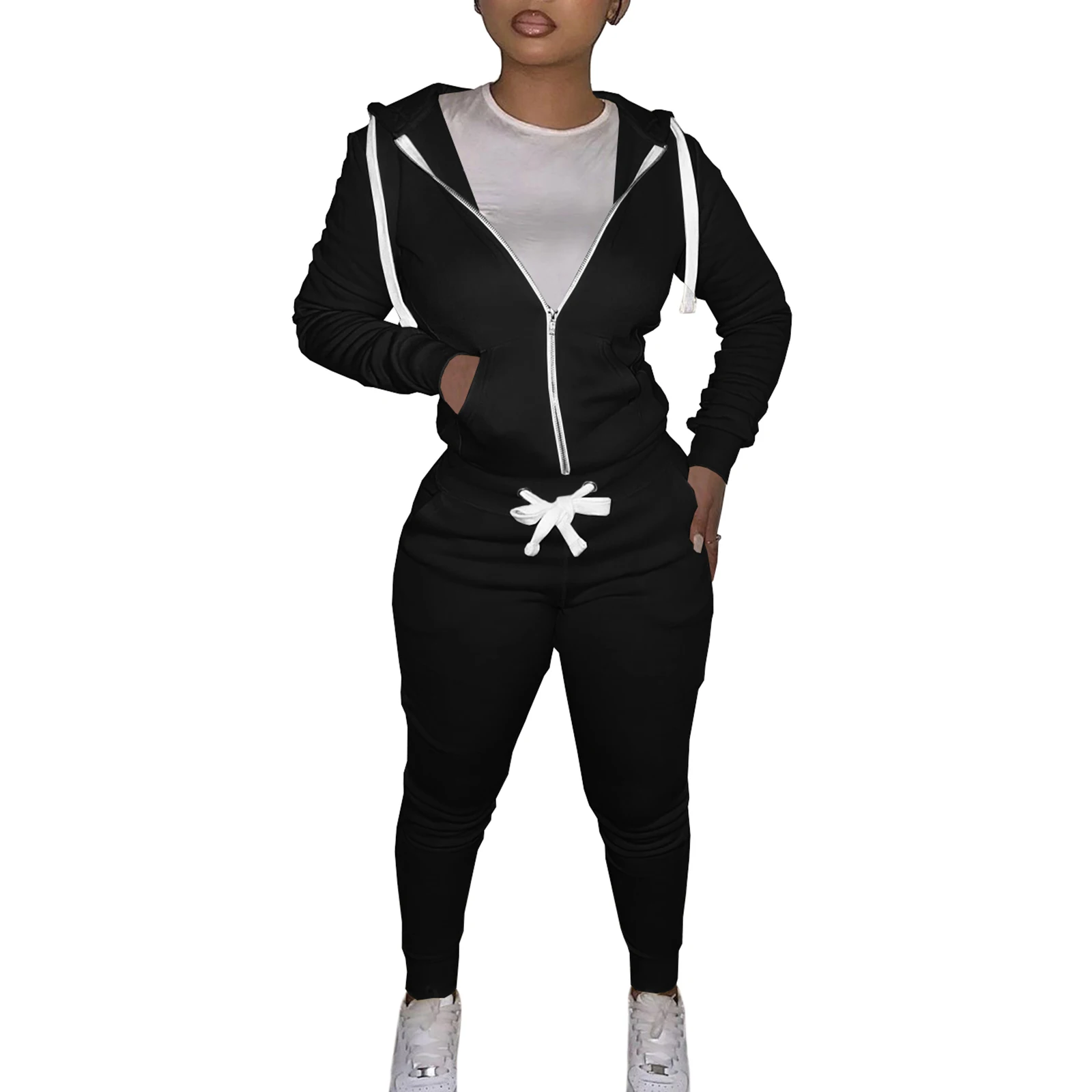 

Women Hooded Tops+Trousers Pocket Decoration Adjustable Drawstring Elastic Waist Spring Clothing