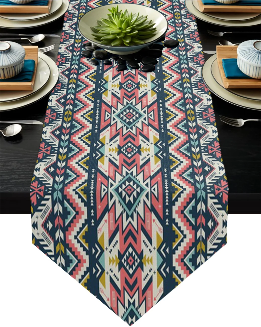 

Tribal Colored Geometric Figures Retro Table Runner Home Decor Tablecloth Wedding Party Dining Table Cover Kitchen Placemat