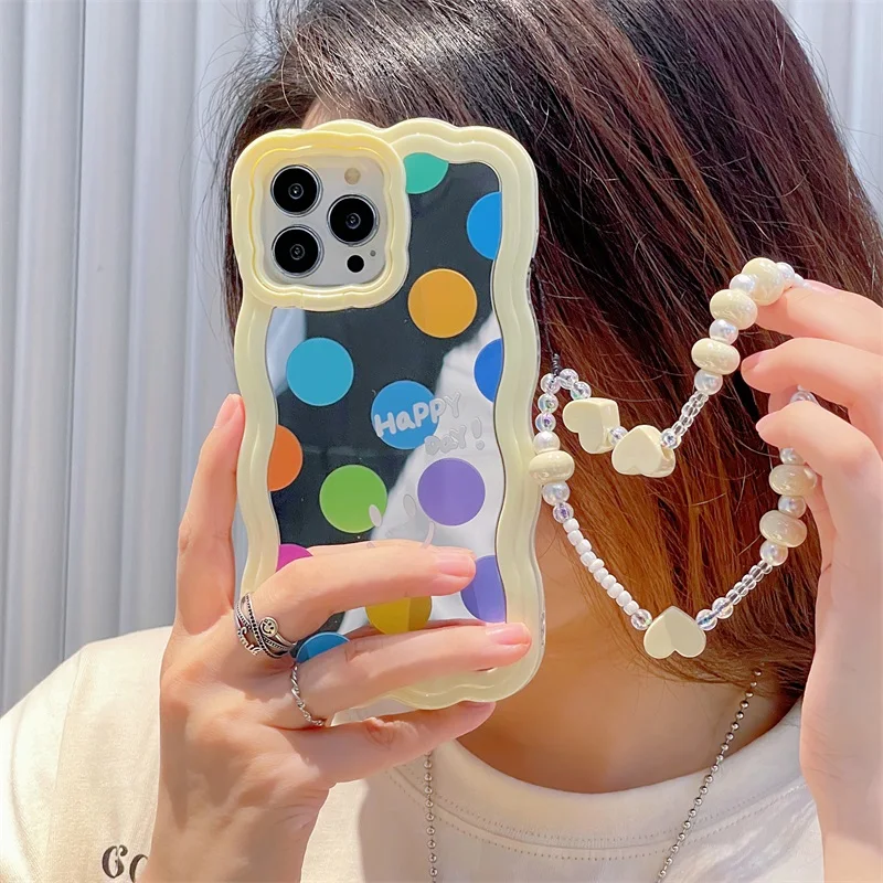 

Cute Colorful Polka Dot Smiley Mirror Lanyard 3 In 1 Stand Phone Case For IPhone 13 12 11 Pro Max XR XS Creative Wavy Edge Cover
