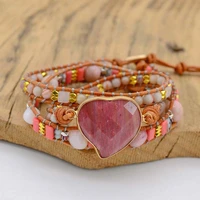 pink heart crystal original stone hand woven bracelet multi circle winding bohemian natural stone popular womens bracelet