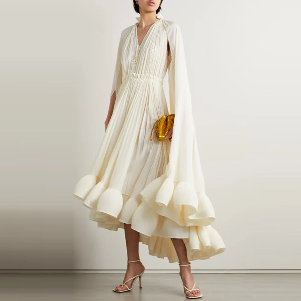

Ruffles Irregular Solid Dresses For Women V Neck Cloak Sleeves High Waist Spliced Lace Up Loose Folds Dress Female 2023 Summer