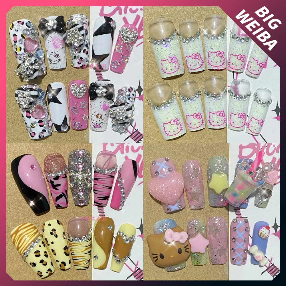 

Free Shipping Diamond Glitter Hello Kitty False Nail Press Up Nails Sticker Hawaii Beach Hello Kitty Y2K Hot Girl Nails Tip