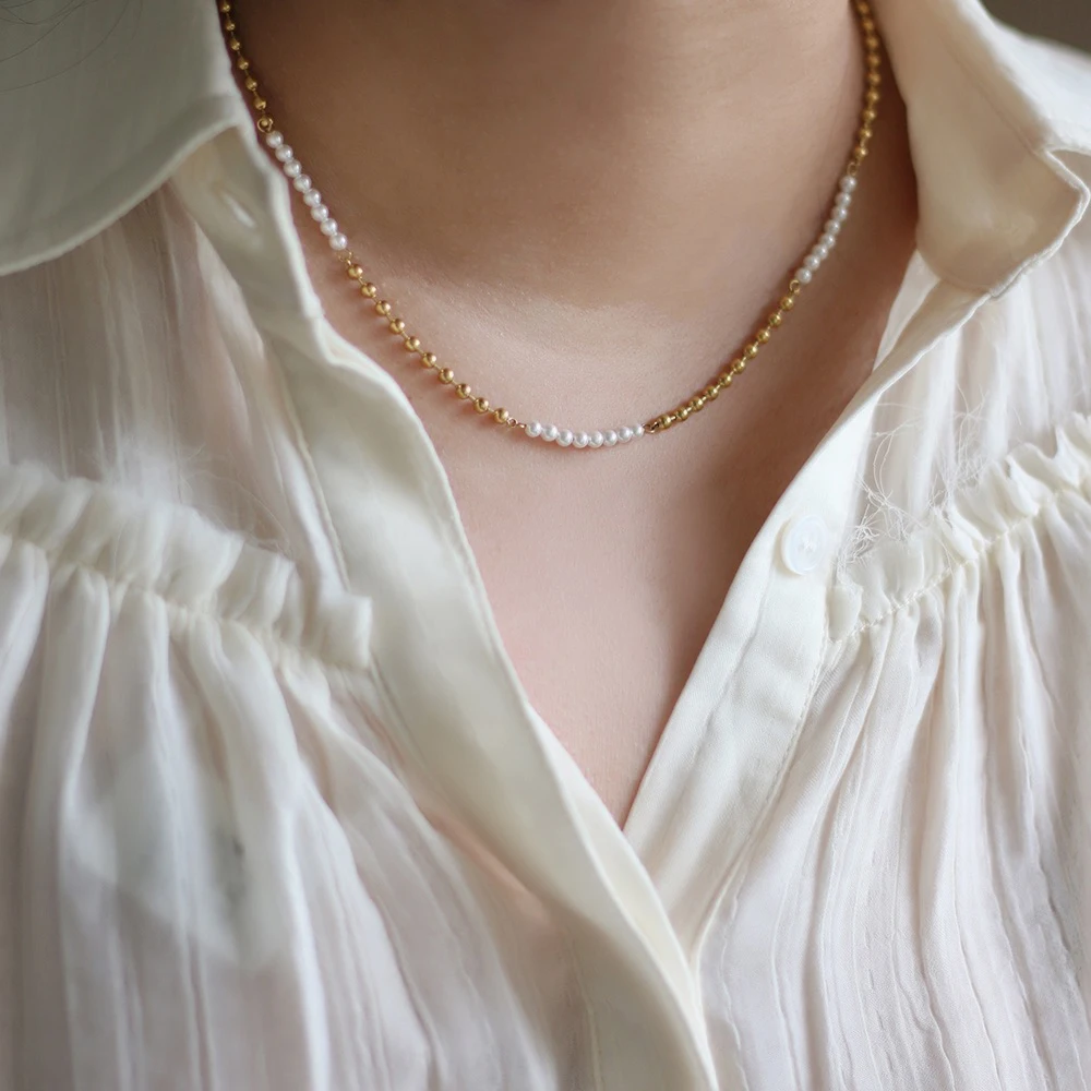 

316L Stainless Steel Imitation Pearl Gold Bead Splicing Chain Necklace Jewelry Temperament Metal 18k Plated Collar Golden