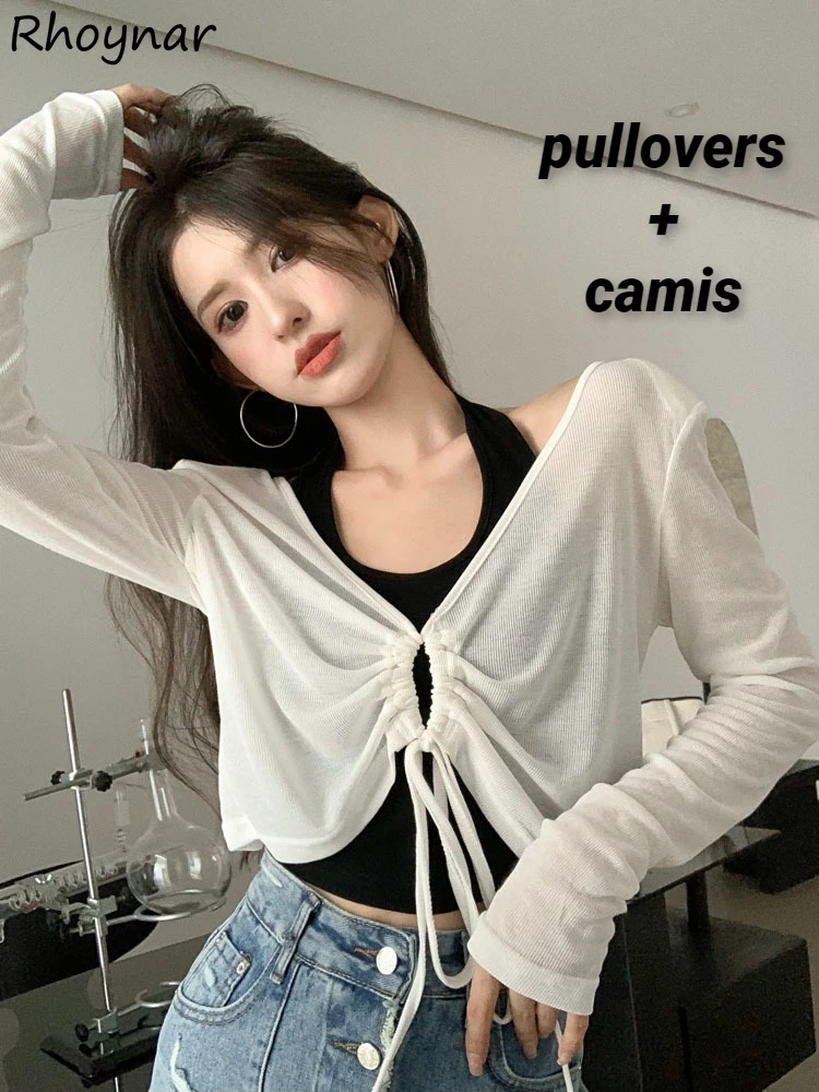 

Women 2 Pieces Sets Cropped Sun-proof Pullovers Halter Camisole Slim Girlish Tender Gentle Holiday Sexy Streetwear Mujer Outfits