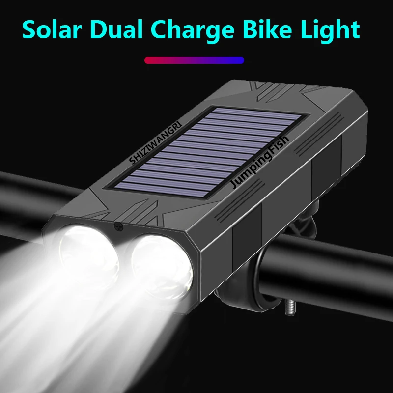 

JumpingFish велосипедный передний фонарь с клаксоном для велосипеда, с солнечной батареей, зарядка через USB, 3 режима, 3030 светодиодный фонасветиль...