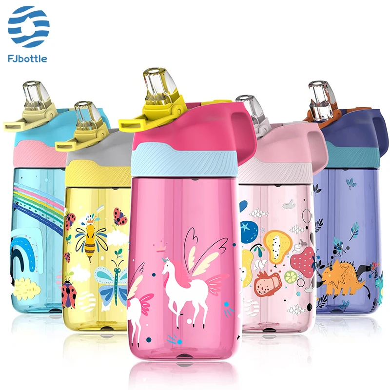 FJbottle-botella de agua con pajita para niños, 450ml, ecológica, Tritan, con tapa abatible de un solo toque, BPA
