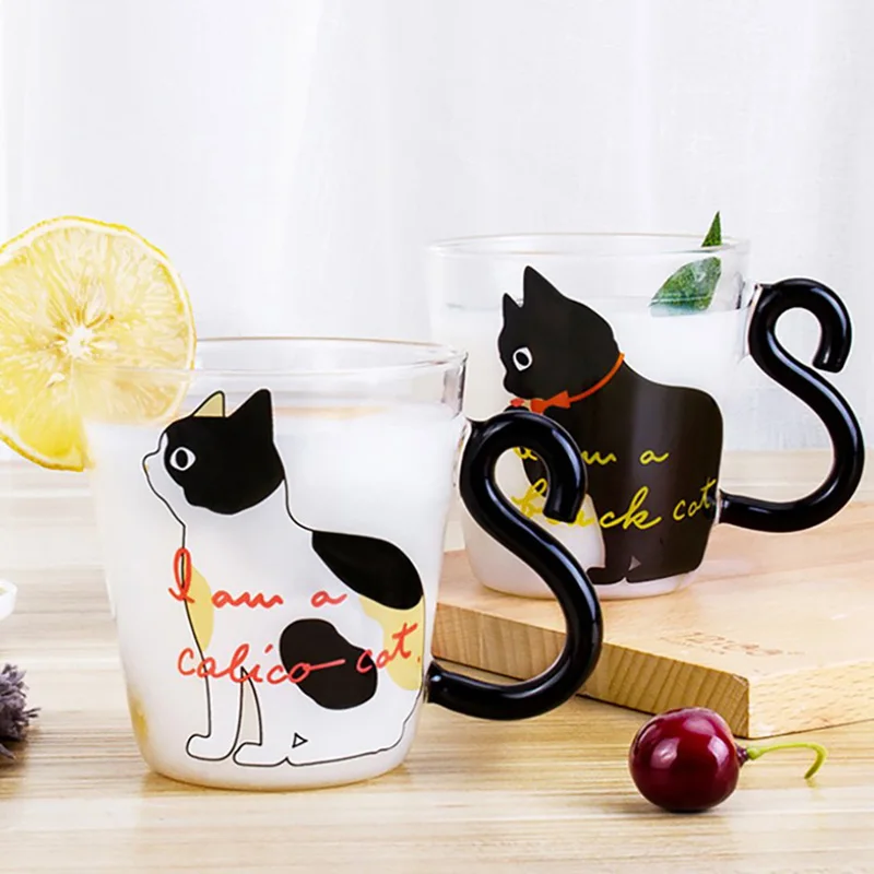 

250ML Glass Water Cup Cat Tail Handle Mug Milk Tea Coffee Fruit Juice Mug Drinkware