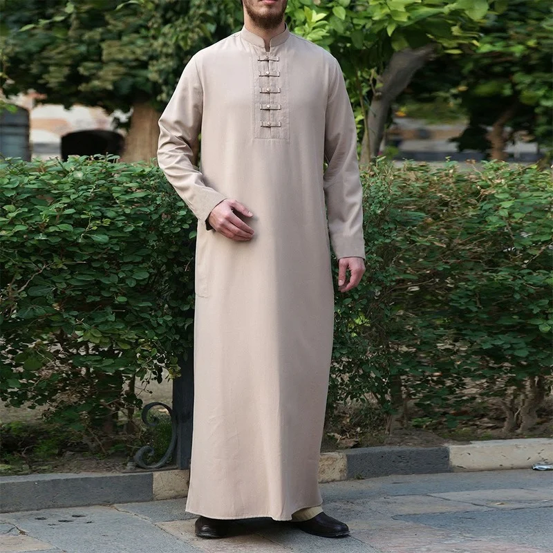 Muslim Fashion New Solid Color Men's Robe Middle East Ramadan Button Simple Atmosphere Abaya Thoub Islamic Clothing Mens Jubba