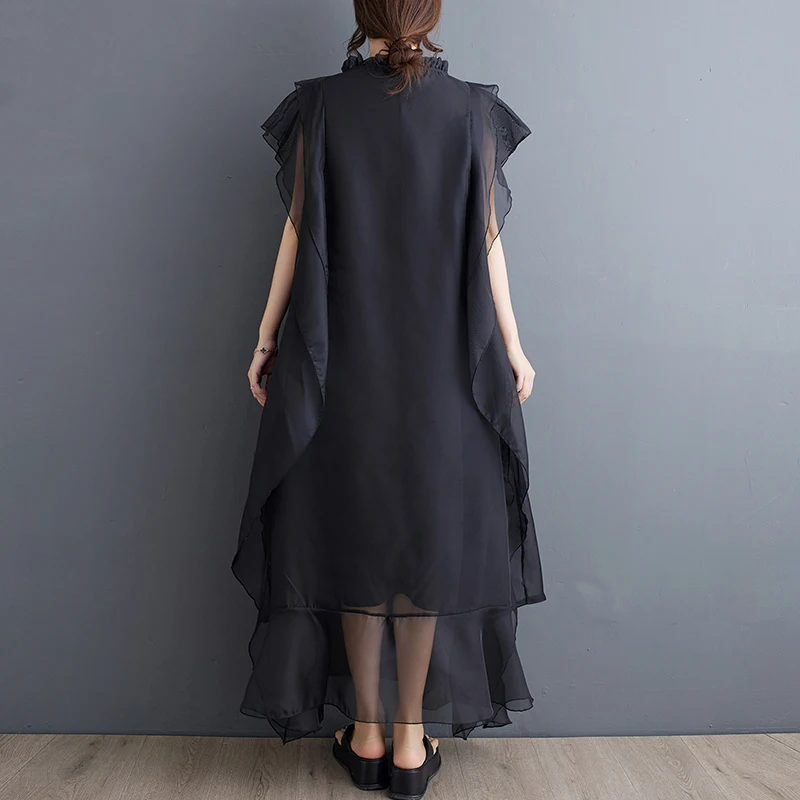 SuperAen 2024 летние новые стильные двухслойные платья оверсайз без рукавов с круглым