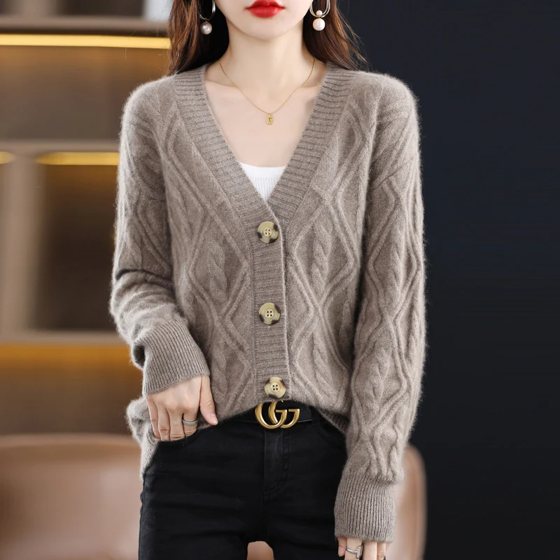 Autumn And Winter New Solid Color V-Neck Temperament Loose And Thin Pure Wool Knitted Button Cardigan Women's All-Match Top