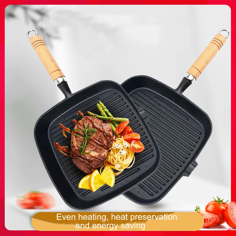 

Nonstick Grill Pan for Stove Top Griddle Pans with Integrated Wooden Handle Frying Pan for Steak Bacon Meat Kitchen Accessories