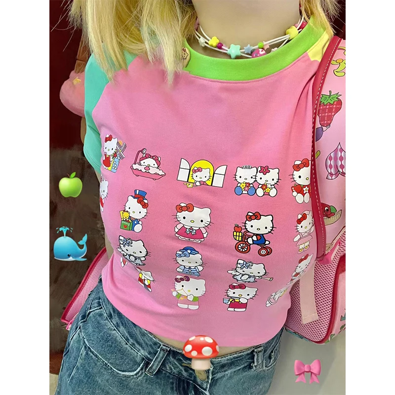 

Kawaii Cute Cartoon Cotton T-Shirt Summer New Splicing Hello kitty Printed Top Tight-Fitting Comfortable All-Match Top Women