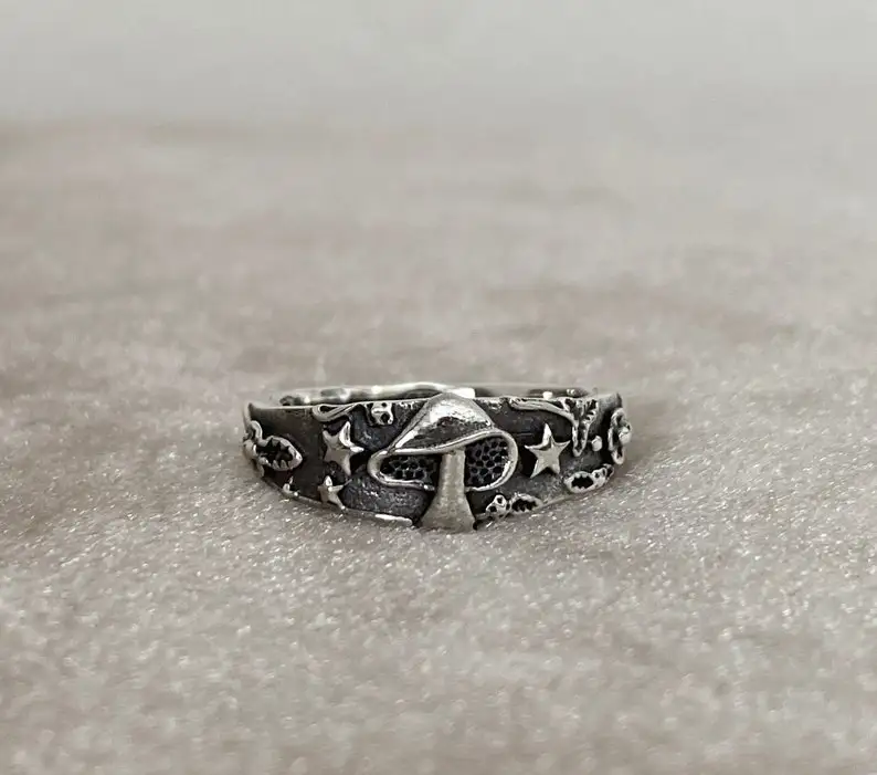 

Silver Mushroom Ring • Toadstool Ring • Wide Band Ring • Vintage Silver Ring • Dome Ring • Star & Flower Ring • Gifts