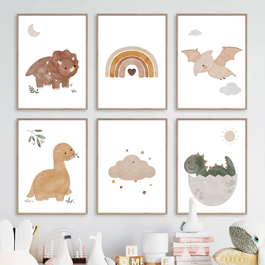 

Cartoon Dinosaur Baby Rainbow Cloud Nursery Wall Art Canvas Painting Nordic Posters And Prints Wall Pictures For Kids Room Decor