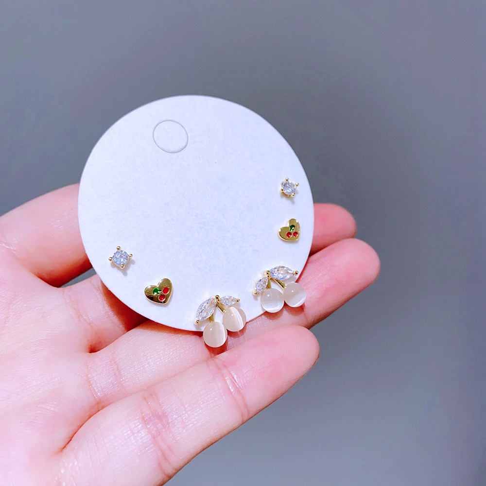 Высококачественные 3-парные серьги-гвоздики с камнем кошачий глаз и вишней для