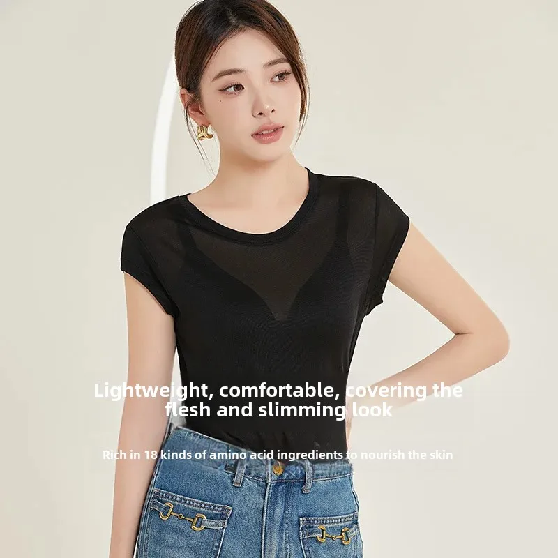 Tangge весна-лето натуральная шелковая футболка с короткими рукавами и круглым