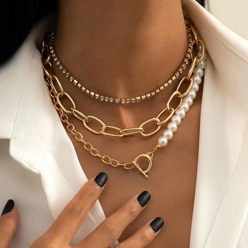2022 цепочка с жемчугом Женская многослойная асимметричная золотого цвета