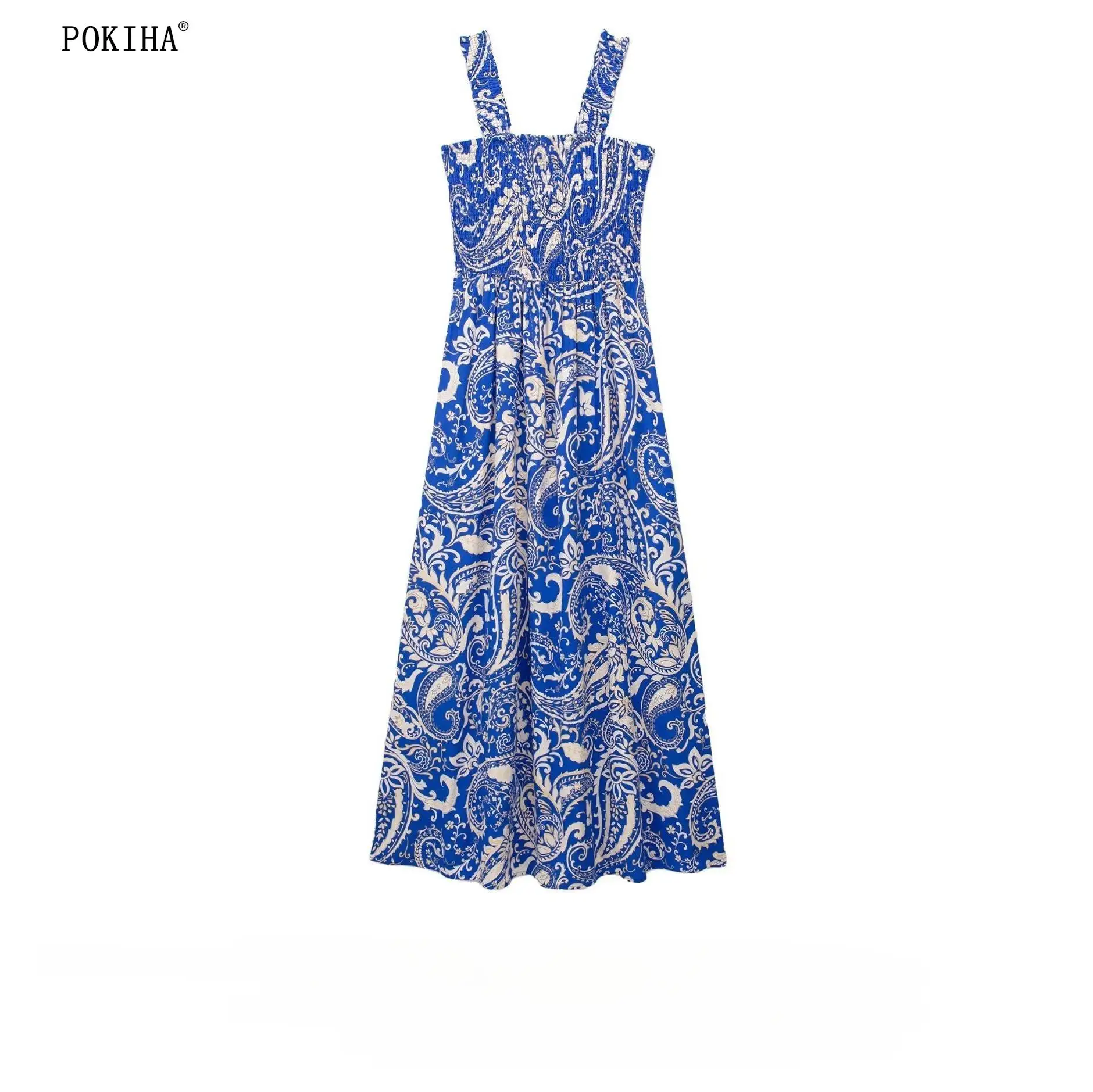 

Новинка 2023, модное женское платье Pokiha из поплина с синим принтом, на бретельках, без рукавов, с эластичной спинкой, шикарное женское платье для отдыха