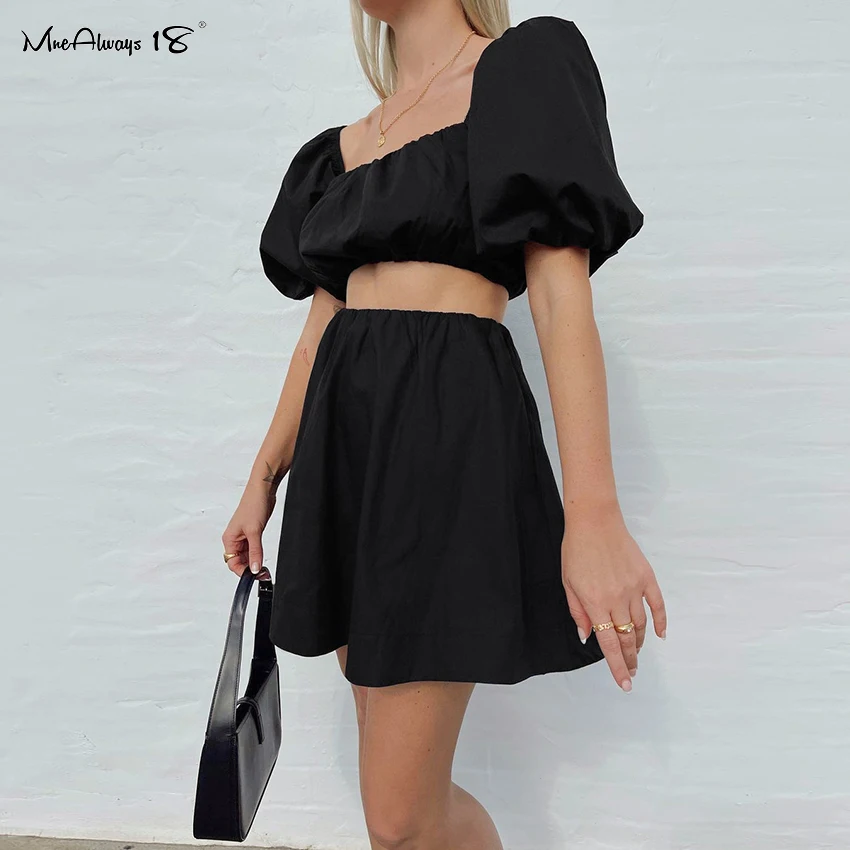 

Mnealways18 Black Cotton Linen Women Skirt Sets Puff Sleeve Crop Top With A-Line Skirt Suits Sexy Female 2022 Summer Two Piece