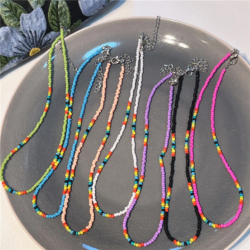 

Bohemian Handmade DIY Beaded Choker Necklace Bracelet Candy Color Bead Strand Colorful Necklace for Women Collar Jewelry Sets