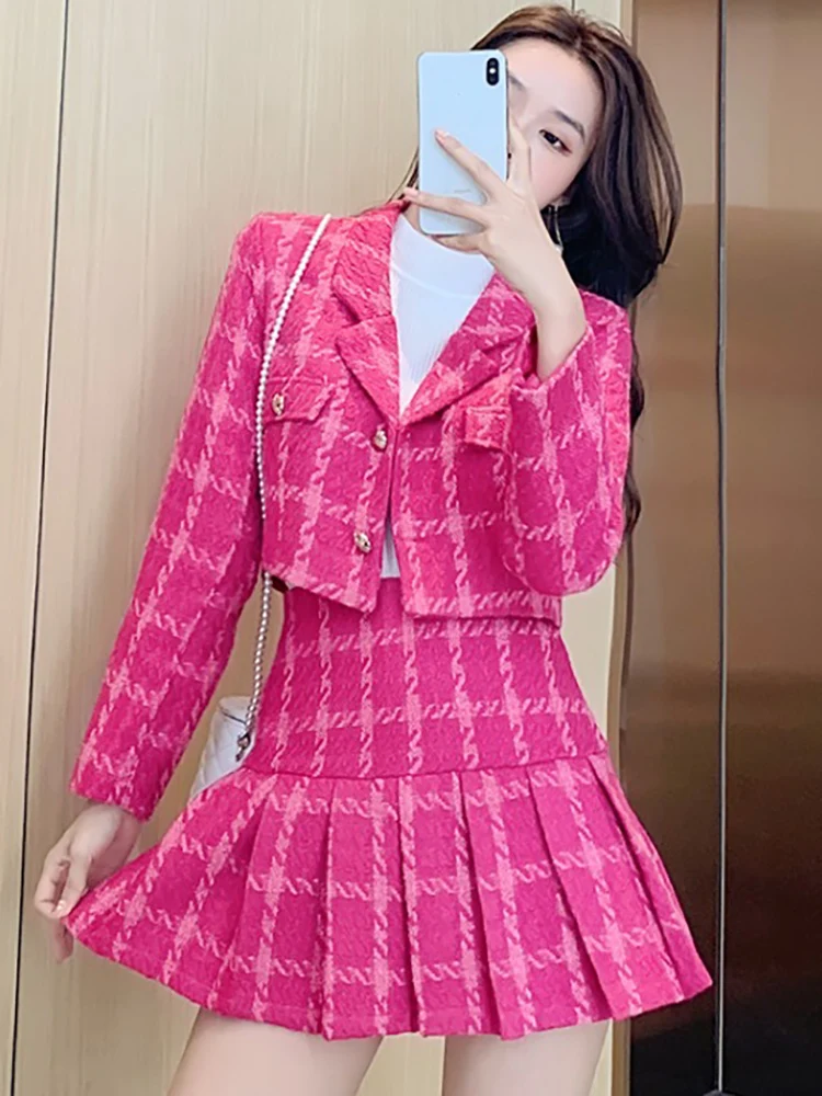 

2023 New Spring Women's Suits with Skirt V-neck Plaid Tweed Short Suit A-line Pleated Short Skirt 2 Piece Set Summer Dress Sets