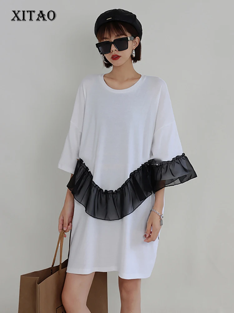 

XITAO Casual T-shirt Loose Fashion Asymmetrical Ruffles Splicing Contrast Color New Women Long T-shirt Top All-match WMD5765
