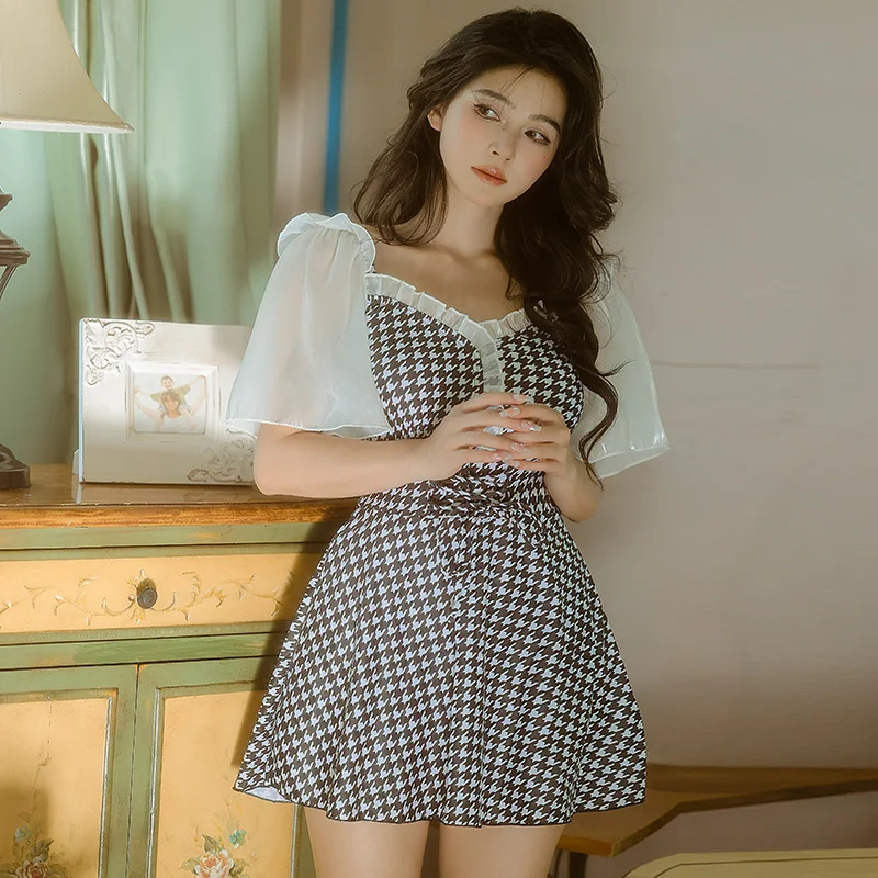 Korean Plaid Swimwear One Piece Suit 2023 Swimsuit Women Plus Size Short Puff Sleeves Bathing Suit Dress Hot Spring Wear
