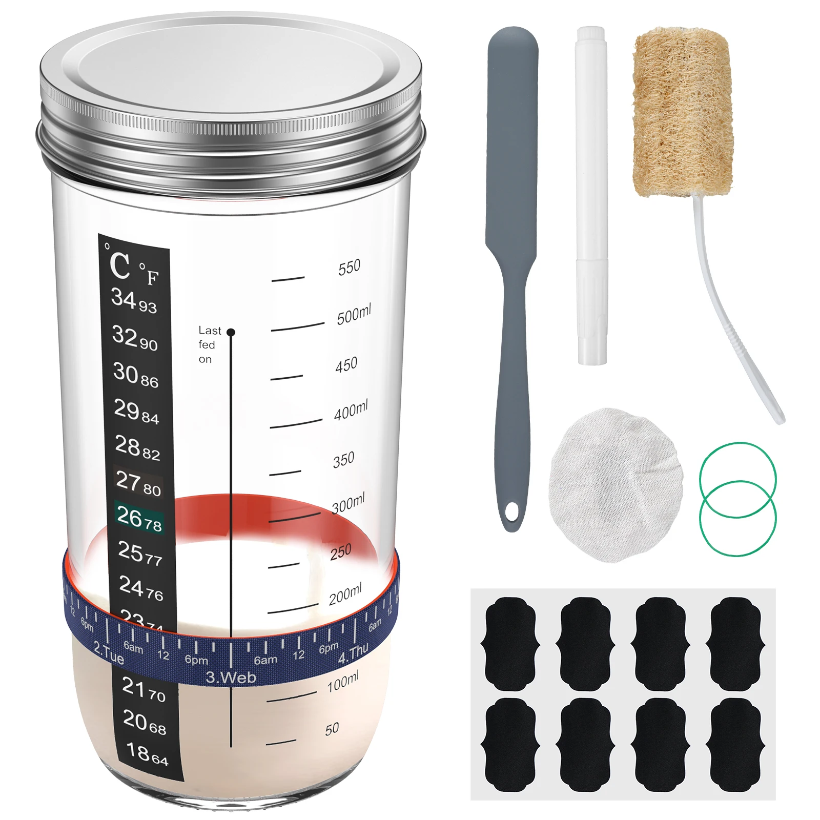 

9Pcs Sourdough Starter Jar Kit with Scale Thermometer 730ml Heat Resistant Sourdough Starter Container with Metal Lid Reusable