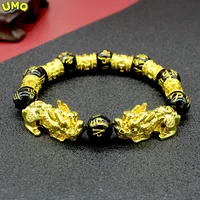 Natural Stone Black Onyx Six-character Mantra Good Luck Beads Obsidian Stone Bracelet for Men Women Pixiu Wealth Jewelry Gift